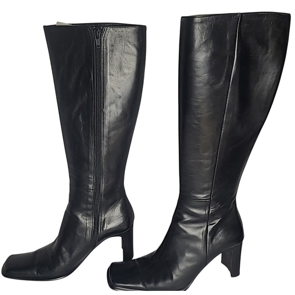Vera Gomma Boots Woman 37 Black Leather Square Toe Block Heel Tall Made in Italy
